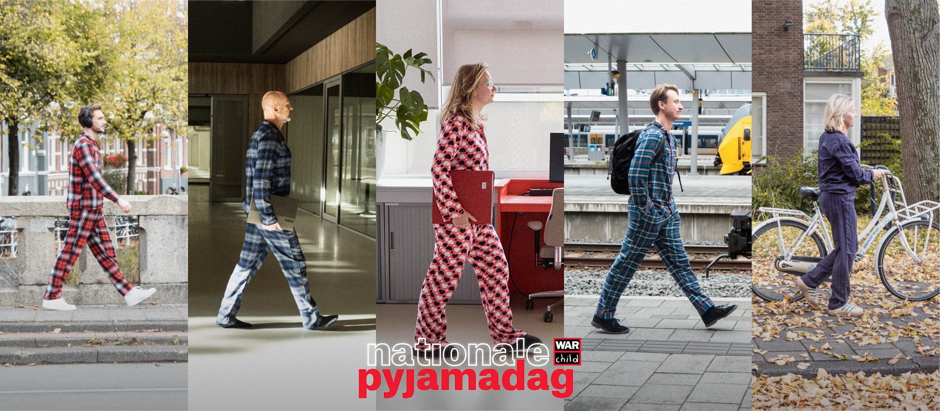 Mensen in pyjama's op diverse locaties
