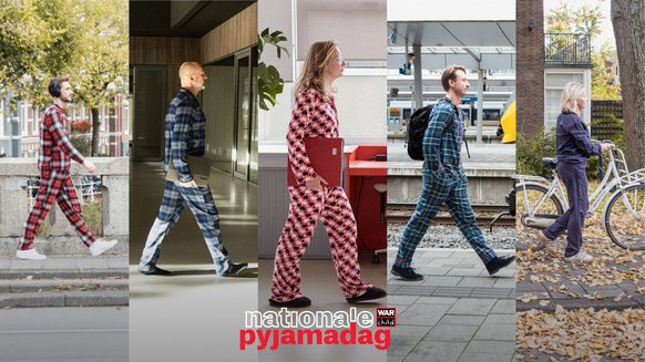Mensen in pyjama's op diverse locaties