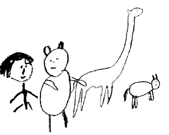 children's drawing of a child and animals